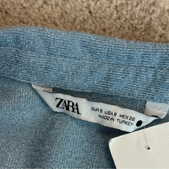 Zara light blue shimmer metallic glitter long sleeve keyhole collared blouse top - Picture 9 of 16